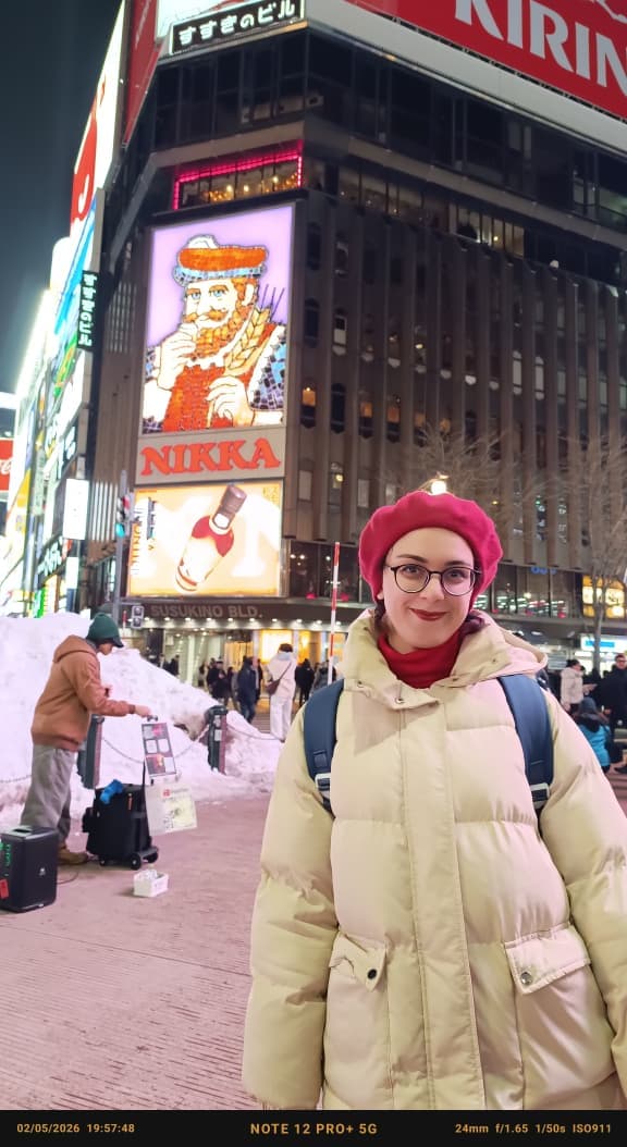 Aytaj Abbasova in Susukino, Sapporo at night